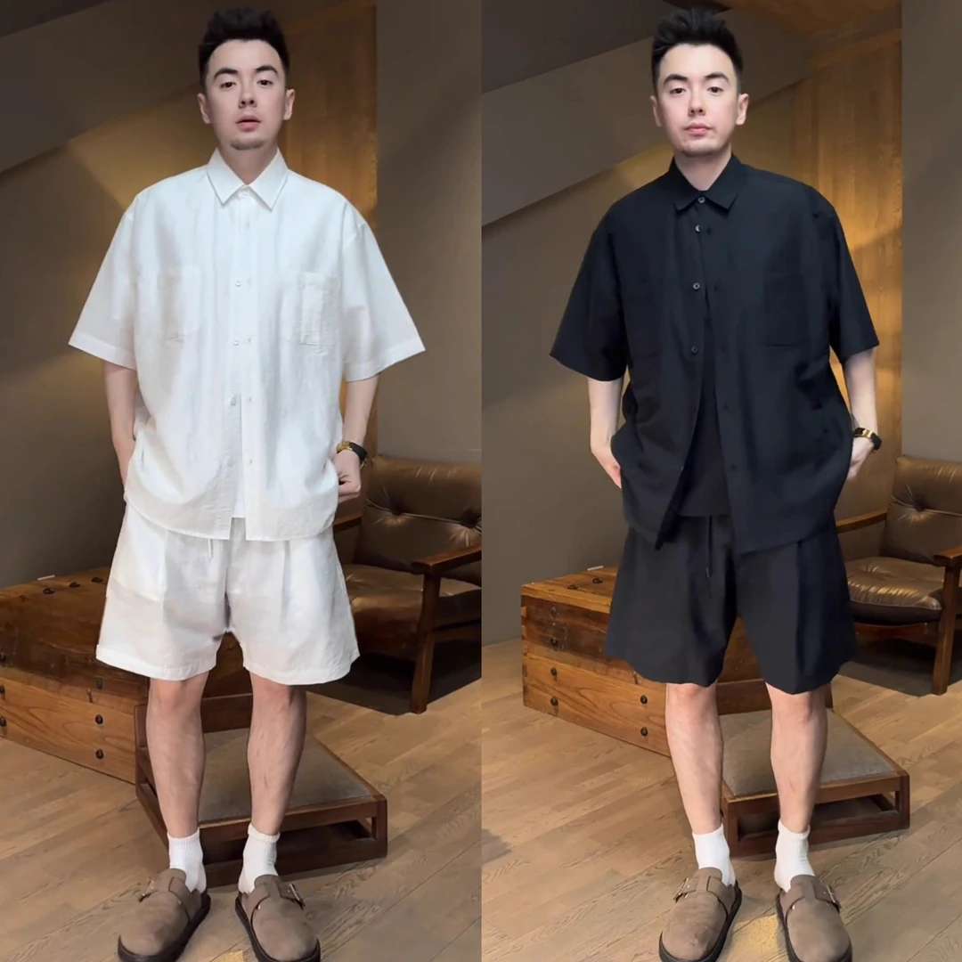 夏季新款老钱风天丝凉感套装亚麻感男休闲百搭衬衫宽松短裤两件套