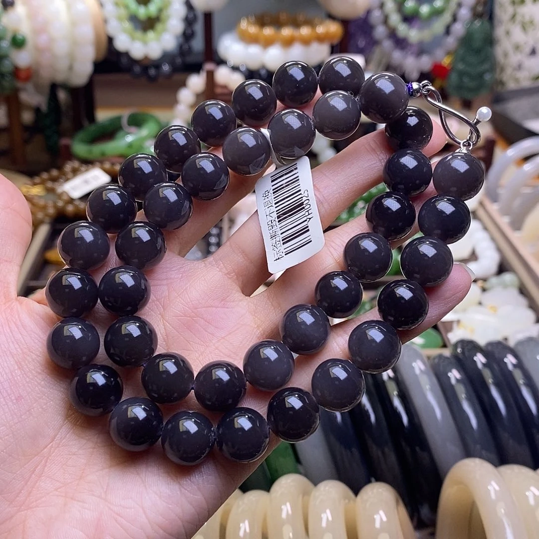 颈饰未镶嵌和田玉浓烟紫银镶妈妈链12MM