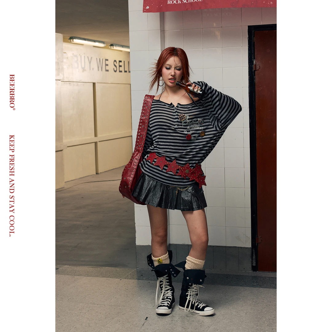 『摇滚学院』亲肤柔软天丝羊毛料条纹一字肩长袖T BZ25QXX0842