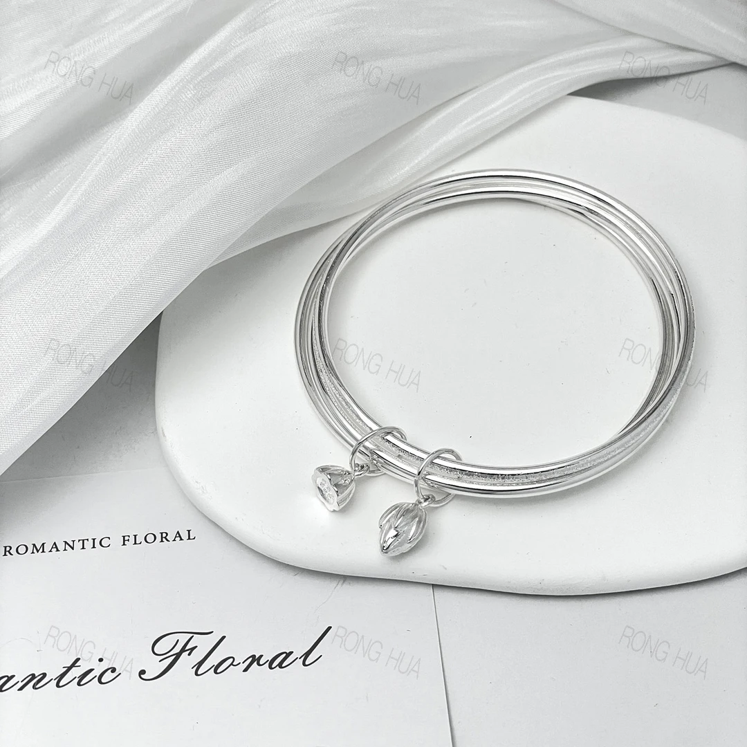 足银手镯 三生三世银手镯闭口三环足银9999莲花连蓬手镯生日礼物