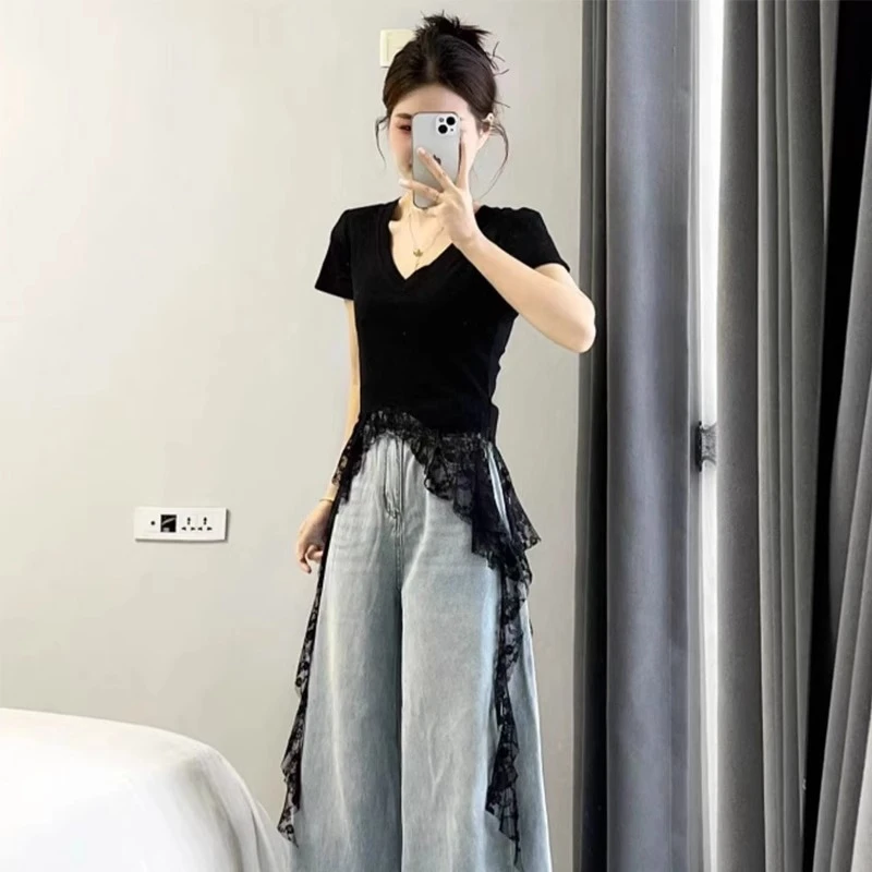黑色蕾丝拼接不规则短袖T恤女夏季设计感修身中长款独特漂亮上衣