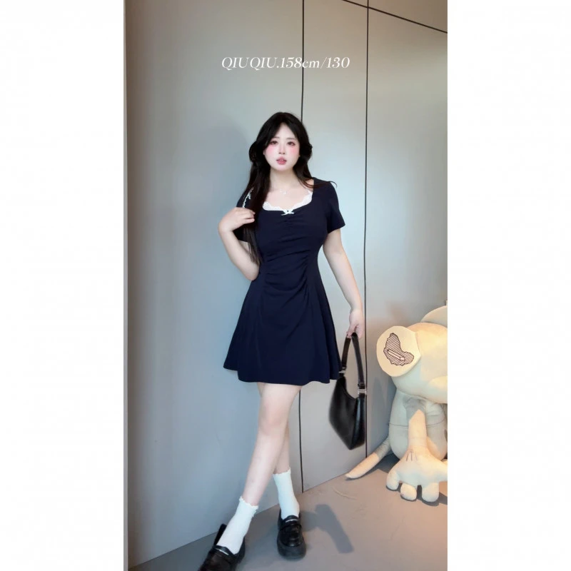 【圆舞曲】9201 胖mm 收腰显瘦甜美型蕾丝领口复古优雅褶皱A字裙