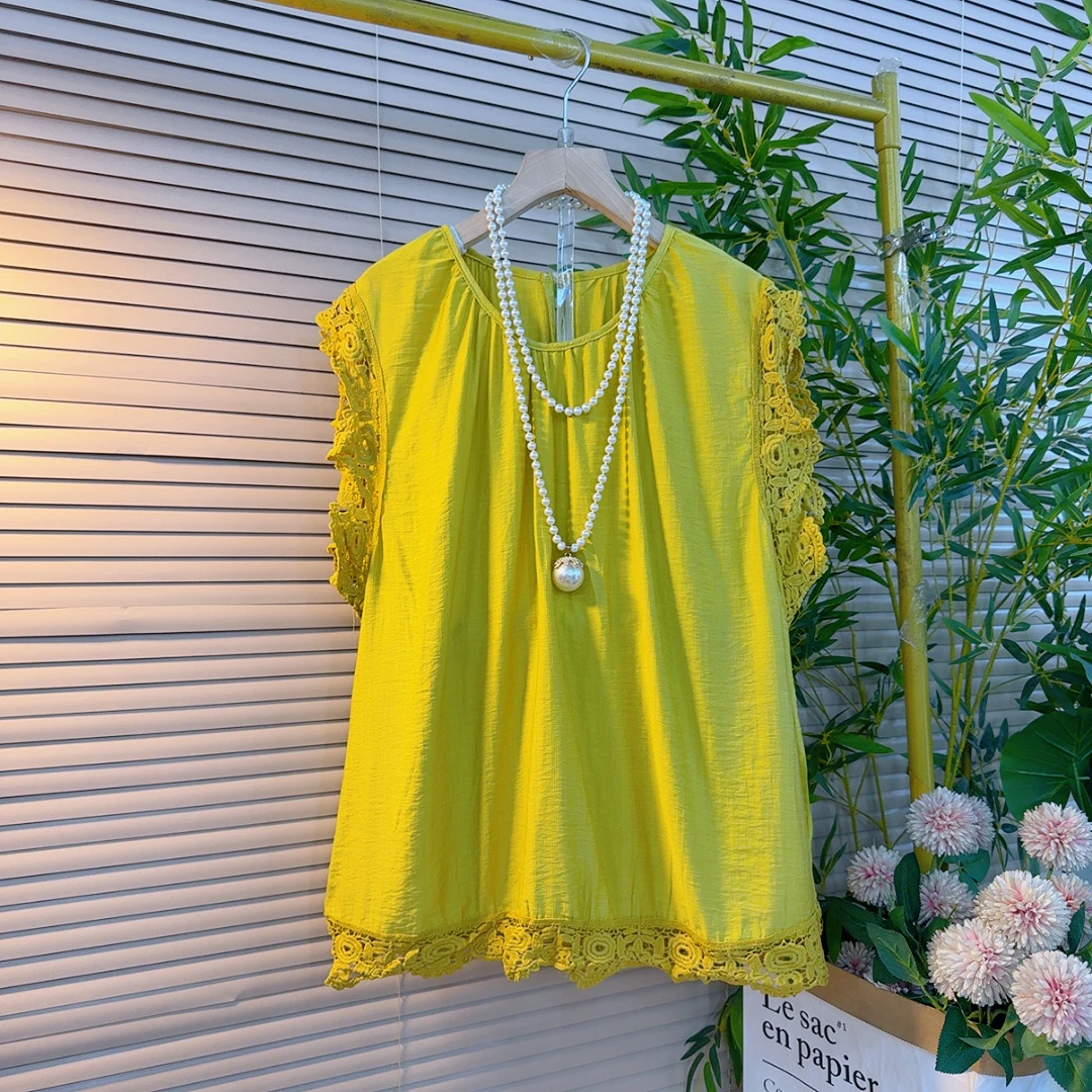 859胖mm欧货韩系宽松减龄纯色圆领掐褶镂空刺绣花边显瘦百搭坎袖