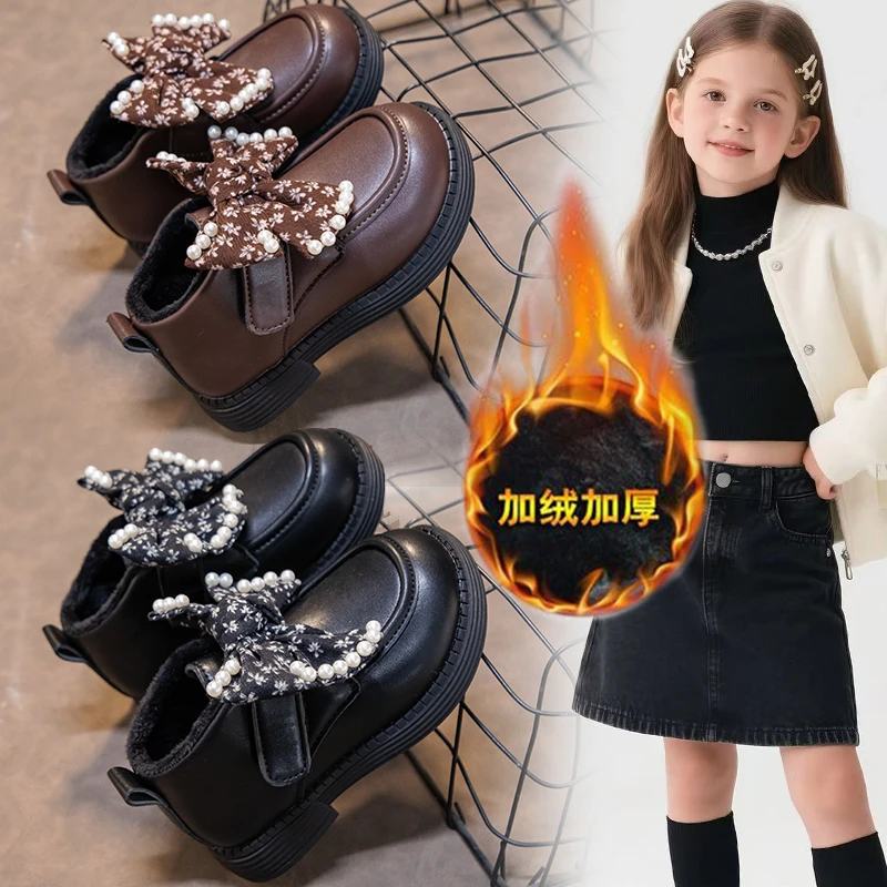 女童皮鞋2025新款秋冬季加绒棉鞋蝴蝶结小女孩公主鞋软底小皮鞋