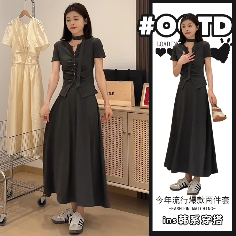 设计感辣妹修身显瘦套装夏季时尚气质小v领上衣高腰半身裙潮