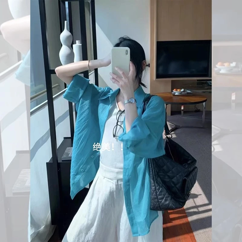韩系蓝色polo领长袖防晒衬衫女早春外搭独特绝美薄纱宽松开衫上衣
