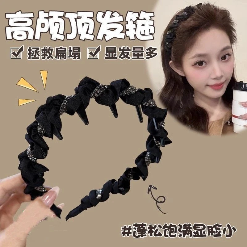 法式高级感黑色闪钻蝴蝶结带齿细发箍女时尚洋气手工褶皱头箍L317