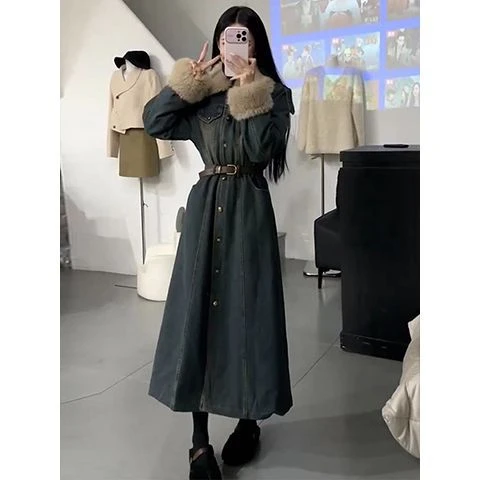 加厚连衣裙女秋冬长款高级感气质牛仔收腰显瘦百搭大衣棉服外套潮