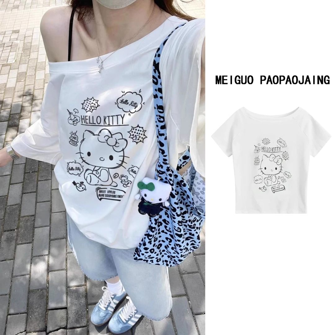 美式复古kitty斜肩短袖t恤女夏季新款显瘦宽松露肩辣妹设计感上衣