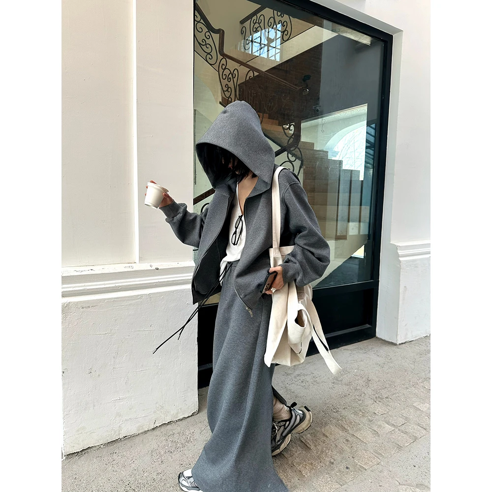 JCCC影子【极简街头】灰色连帽短卫衣纸片人半裙廓形套装JE4FAZ21