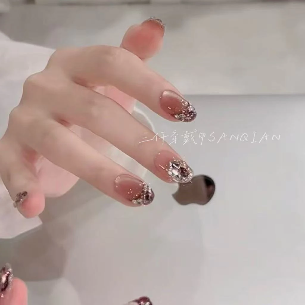 SAN QIAN【华丽人生】手工穿戴甲 法式拼钻设计 精致气质显白款