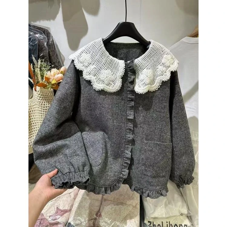 冬季新款设计感蕾丝娃娃领加厚保暖外套908