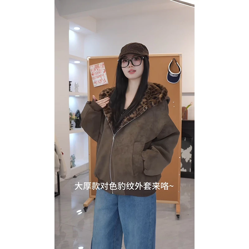 美式复古座山豹连帽pu皮夹克男女双面穿加绒加厚短款豹纹棉服外套