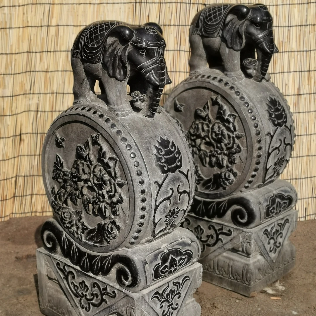 青石复古小象门墩石雕门墩报鼓石门口摆件一对