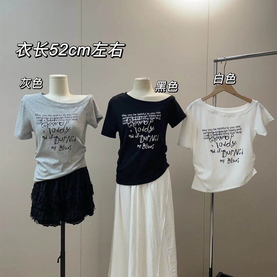 【Si&华严选】韩版百搭斜肩字母印花短袖T恤修身显瘦收腰上衣9878