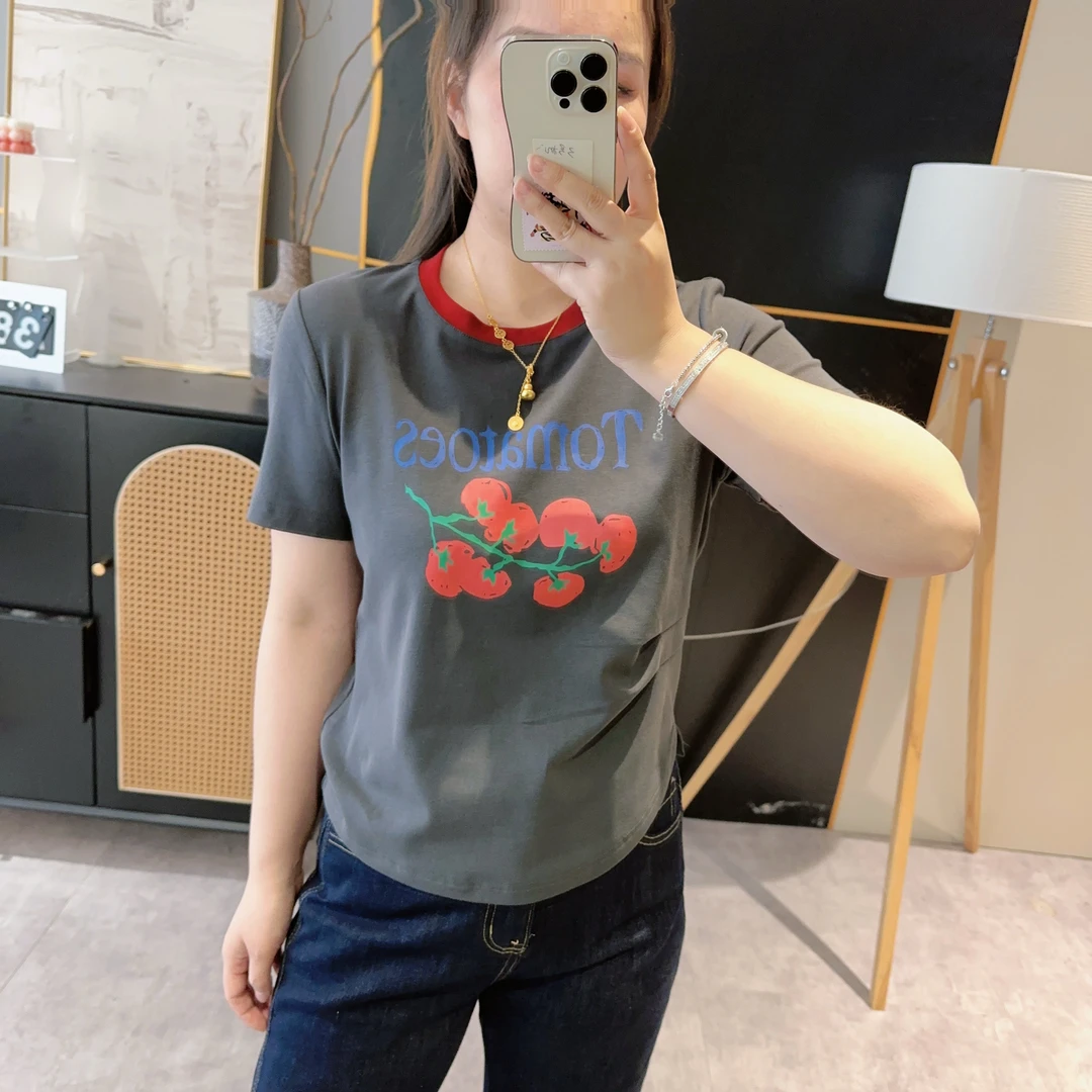 【欧加粒粒】2025夏季撞色番茄印花设计感圆领正肩短袖T恤  H82503