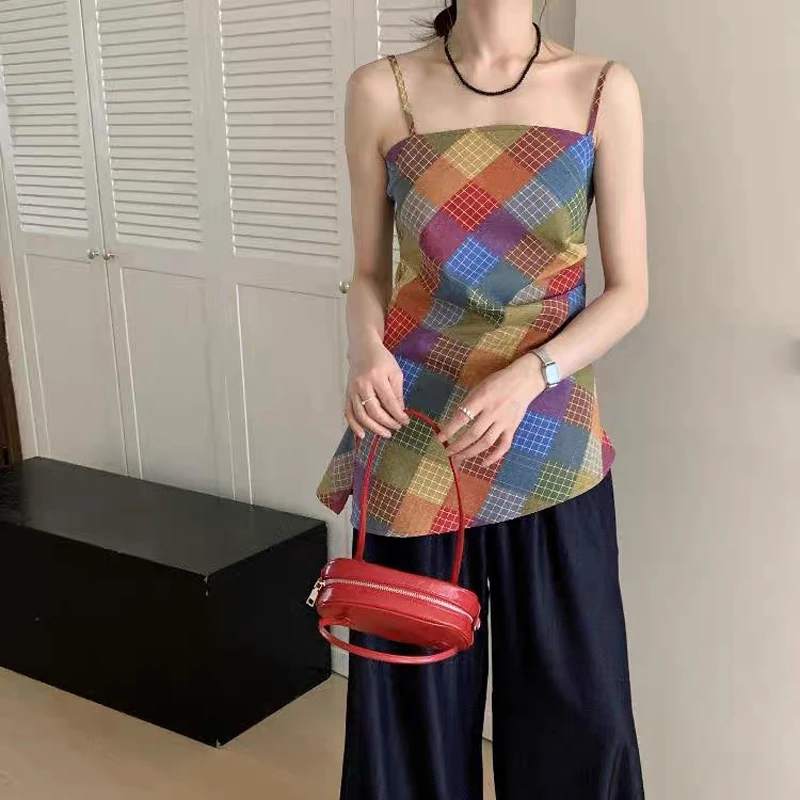 韩系显瘦格纹吊带小衫2025夏季新款无袖修身彩色背心上衣女 197