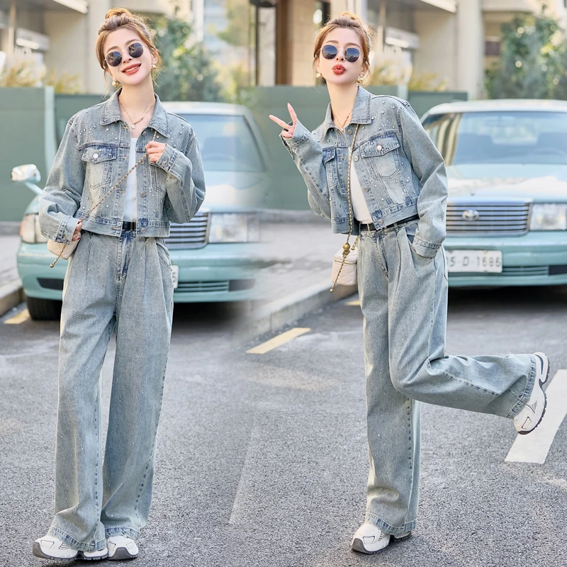 时尚重工烫钻牛仔套装女2025早春新款高级感洋气减龄阔腿裤两件套