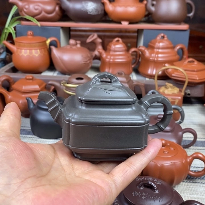 紫砂茶壶四方竹鼓200cc原矿古天青特价