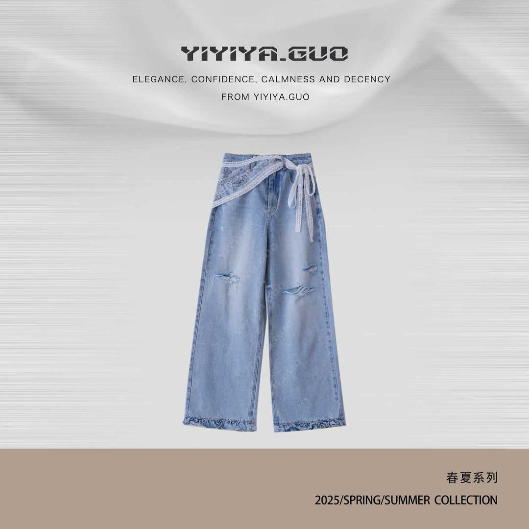 yiyiya.Guo艺艺吖【漫步四季】休闲百搭破洞做旧牛仔裤子0782SS52
