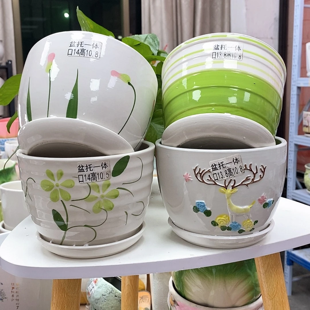 陶瓷@陶瓷花盆@@四个手绘