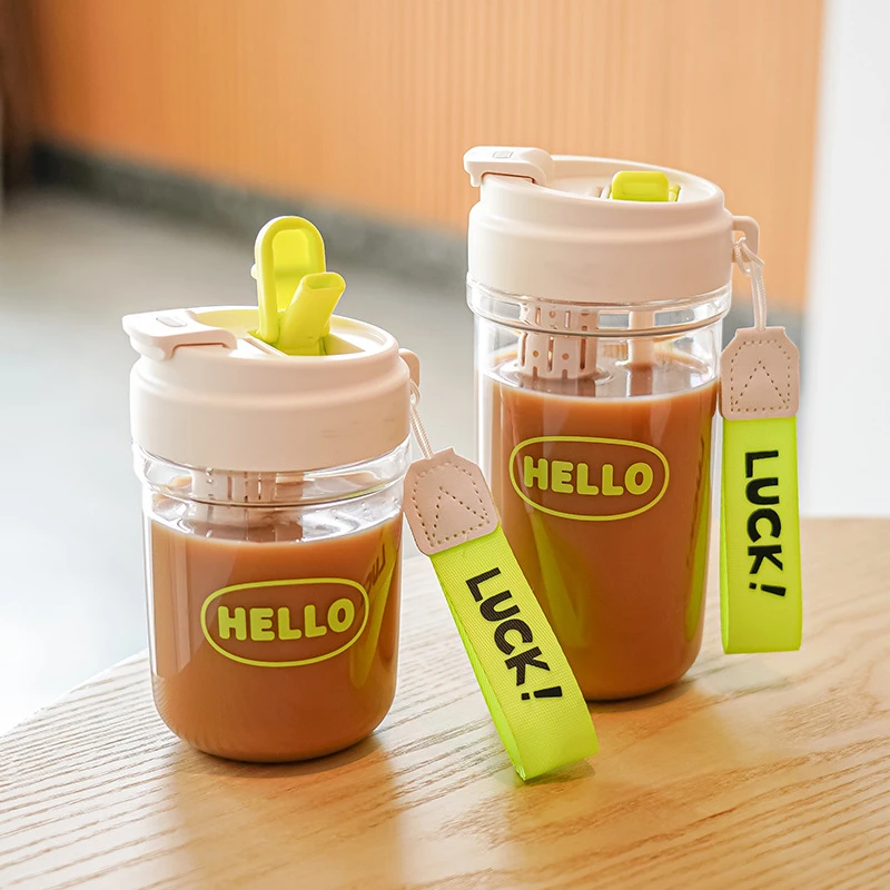 家用孕妇双饮吸管塑料杯耐高温高颜值学生便携茶水分离水杯花茶杯