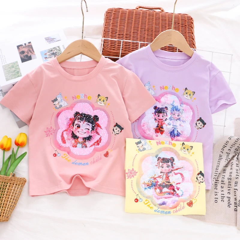 女童哪吒短袖t恤纯棉夏季新款儿童变色亮片上衣宝宝女孩薄款半袖