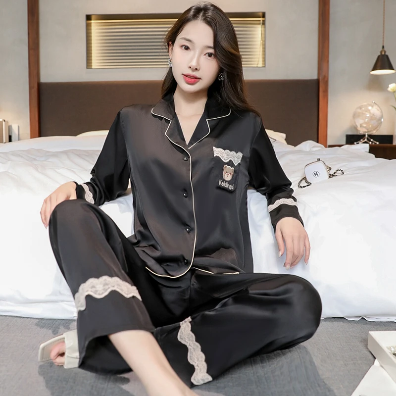 维多利亚睡衣女春秋季冰丝长袖家居服女款薄款夏款黑色小熊套装