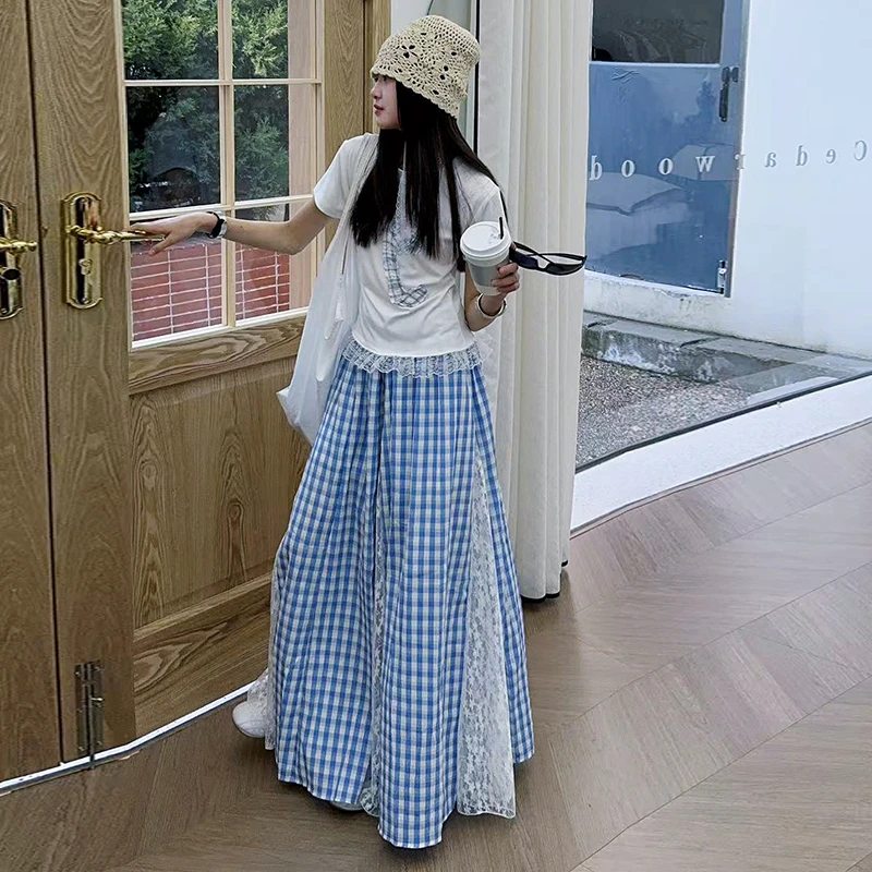 女童连衣裙夏季套装2025新款中大童韩版小众蕾丝拼接格子半身长裙