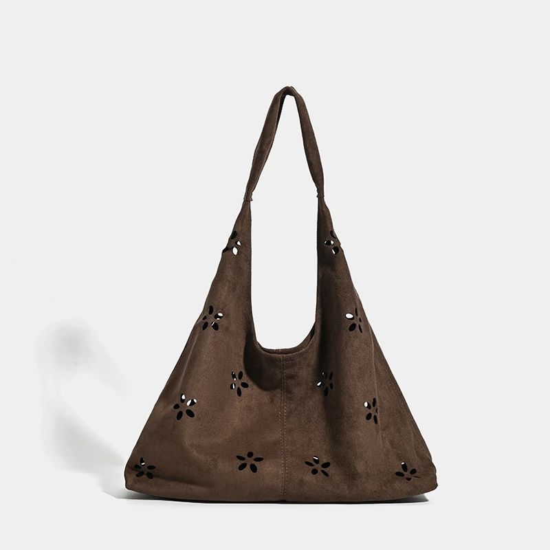 2025秋冬新款复古镂空绒面通勤上课托特包女文艺休闲大容量单肩包