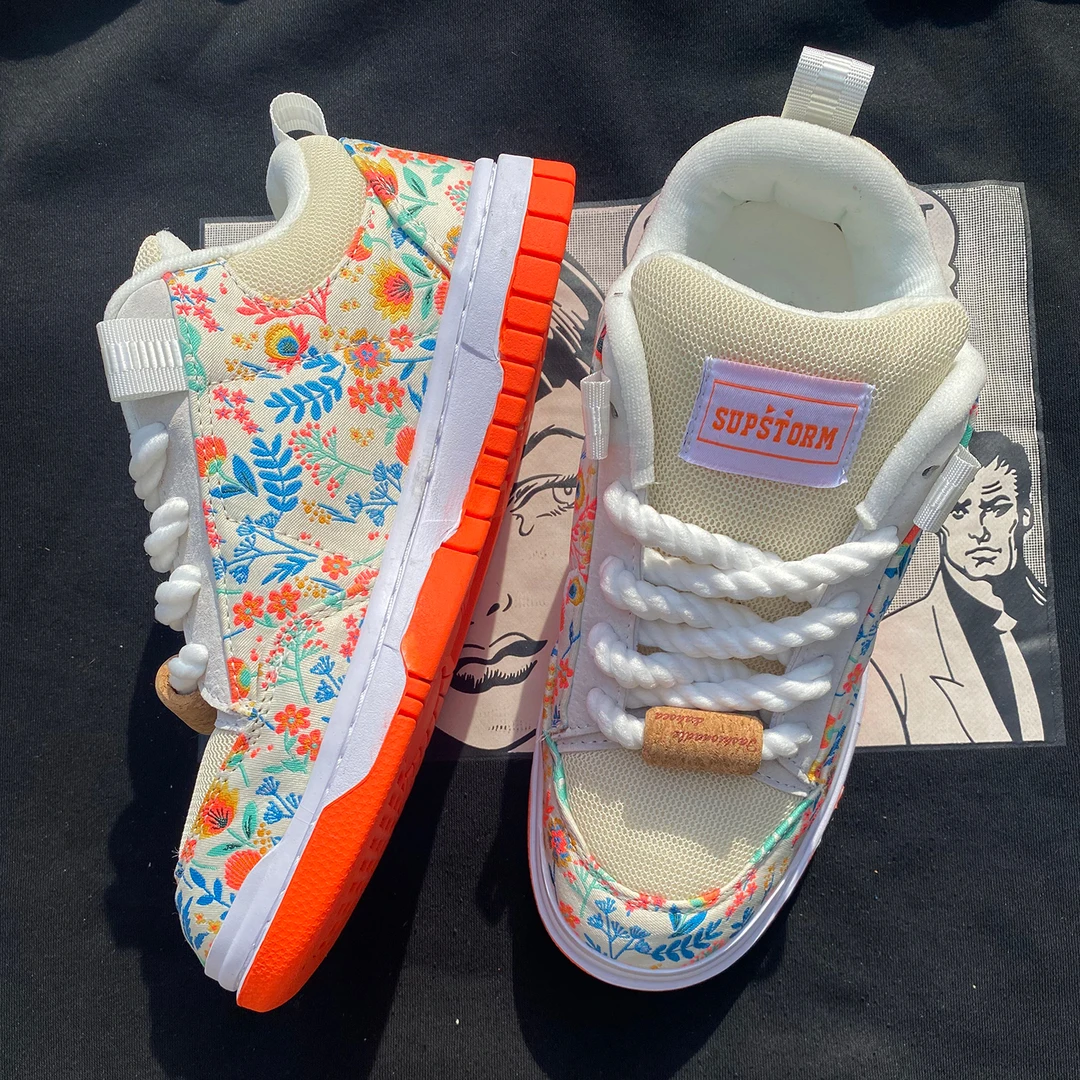 SUPSTORM秋季新款加厚鞋舌花开富贵米白面包鞋男女鞋大码情侣板鞋