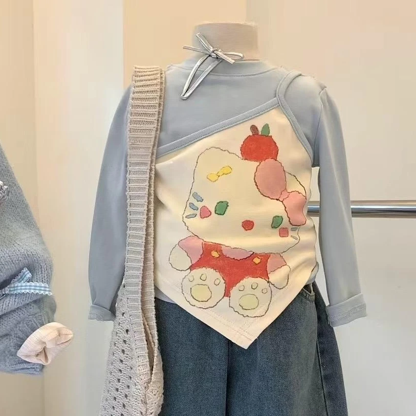 25秋季新款甜美kt猫假两件长袖T恤儿童上衣韩版