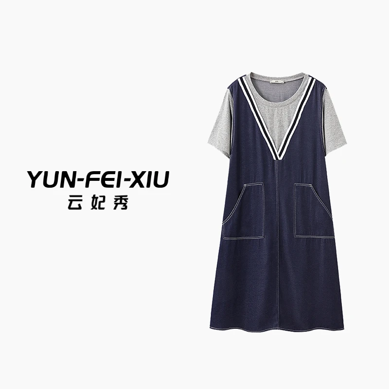 云妃秀大码女装连衣裙时尚休闲胖妹妹气质拼接牛仔宽松显瘦夏8082