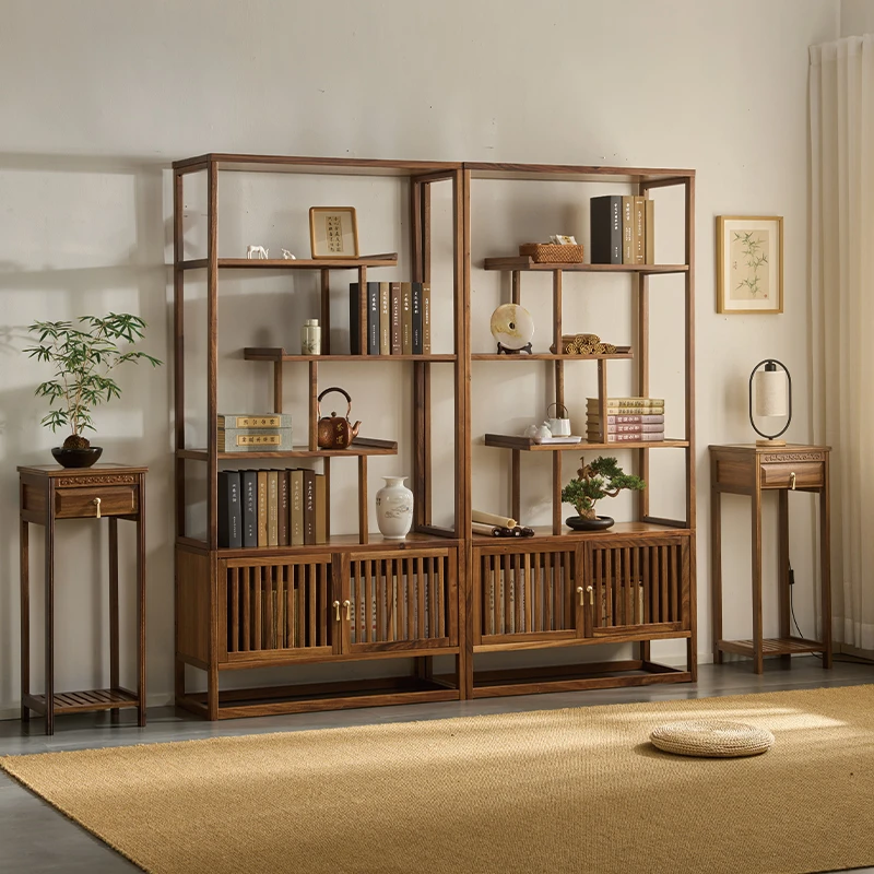 胡桃木新中式博古架实木置物架茶叶茶具摆件展示架书架客厅多宝阁