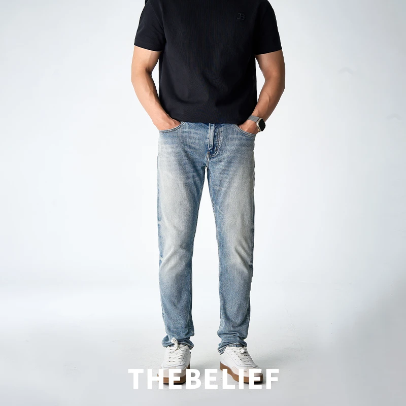 22468B#赤耳丹宁磨白水洗浅蓝色修身小直筒版型牛仔裤男