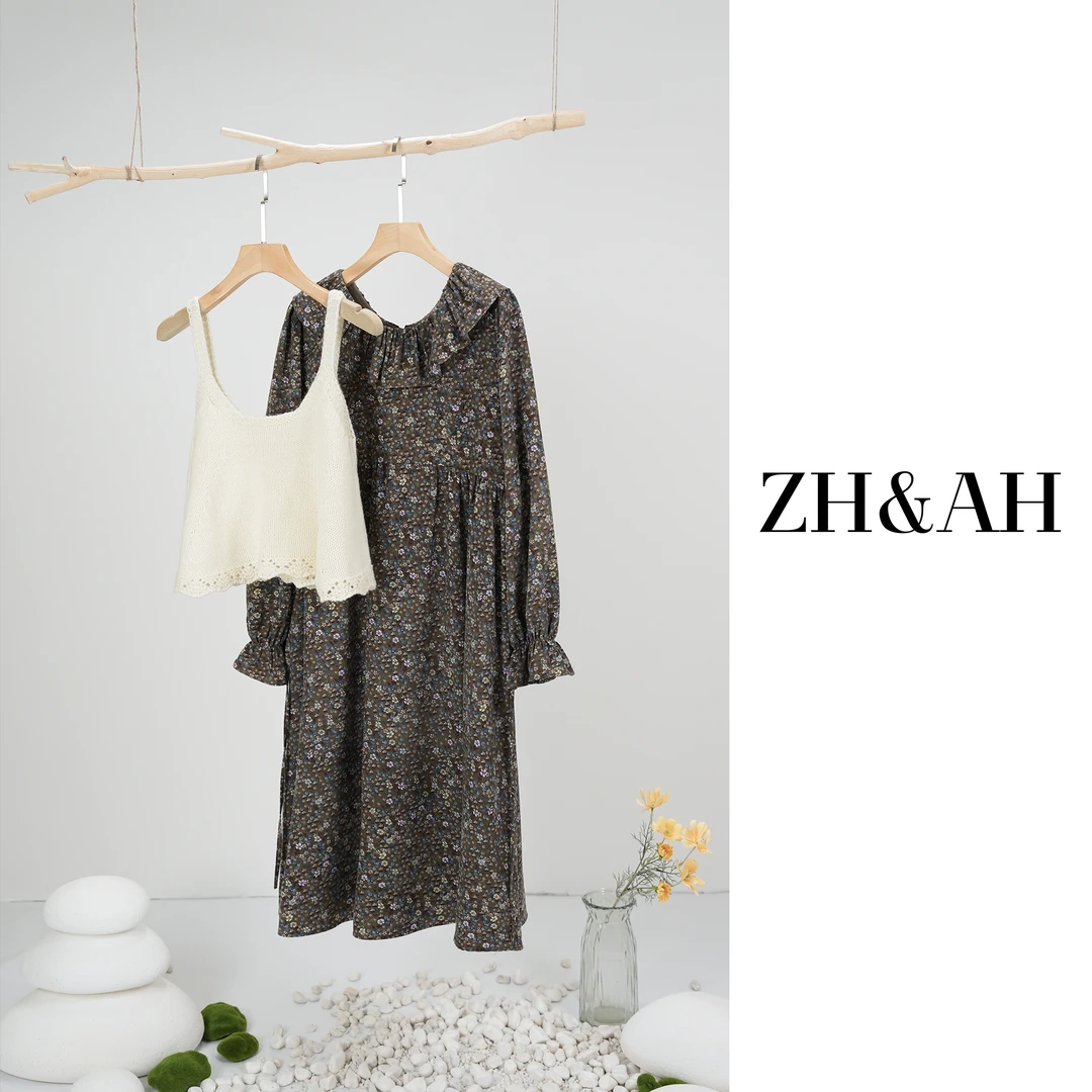 ZH&AH【日落遐想】春季新款时尚气质百搭复古减龄娃娃领碎花套装裙