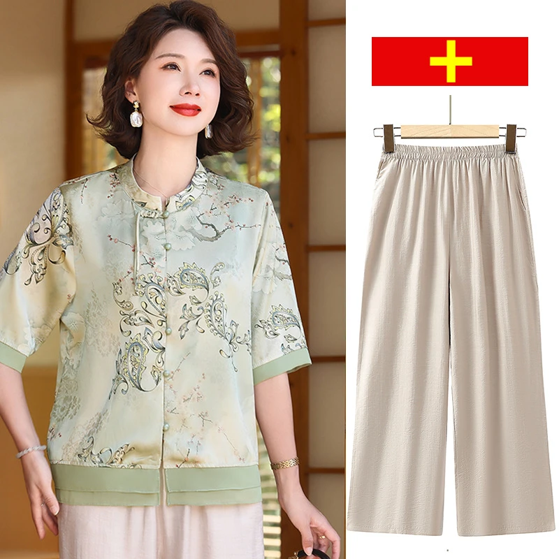 母亲节新 中年妈妈夏装国风衬衫t恤上衣服洋气中老年女装小衫套装
