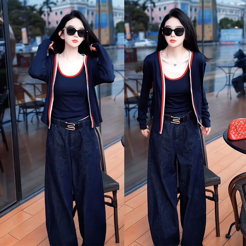2025秋季新款设计感时尚修身撞色拼接小开衫背心女休闲裤三件套装