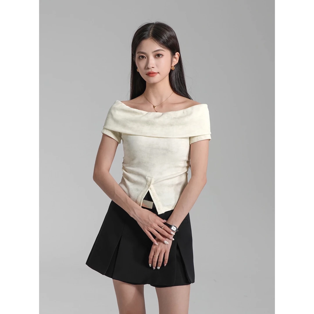 杏色扎染针织短袖t恤女2025新款夏季开叉内搭打底一字肩上衣别致