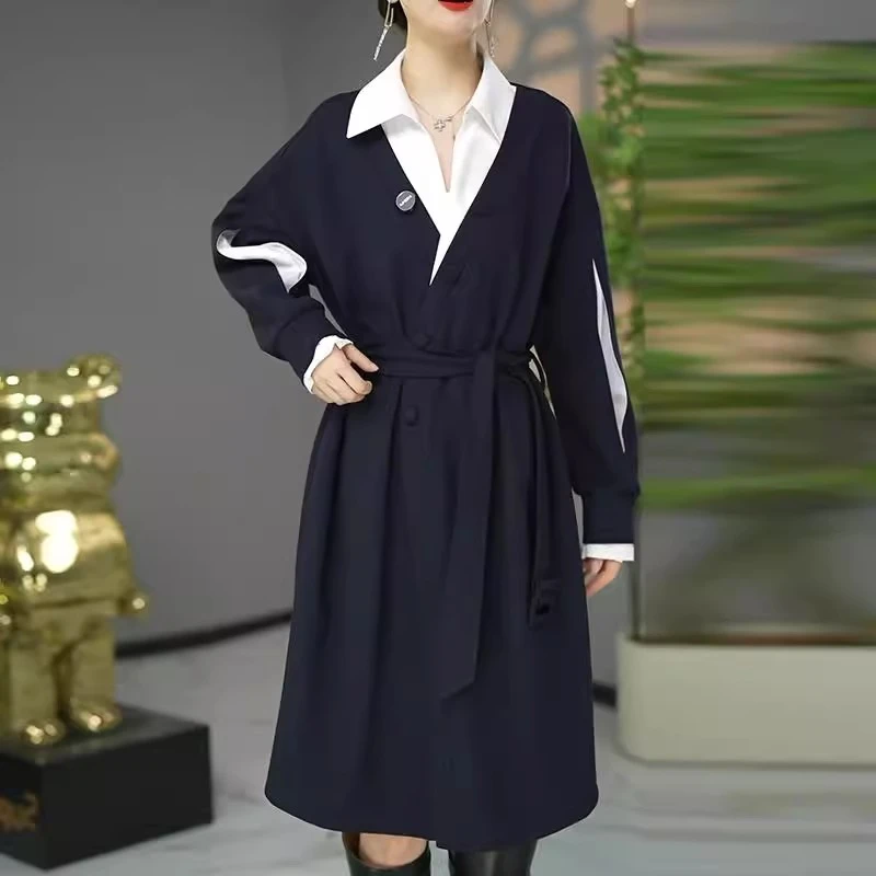 高端洋气假两件衬衫领连衣裙女2025春秋新款宽松显瘦百搭打底裙女