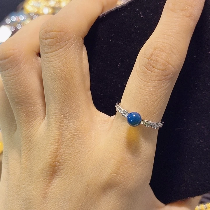 蓝珀银S925镶嵌珠宝奇石多米尼加蓝珀戒指