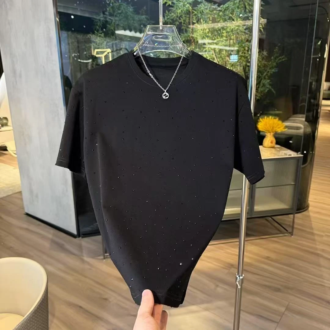 2025新款满天星烫钻高品质短袖轻奢潮牌圆领时尚男女休闲百搭T恤.
