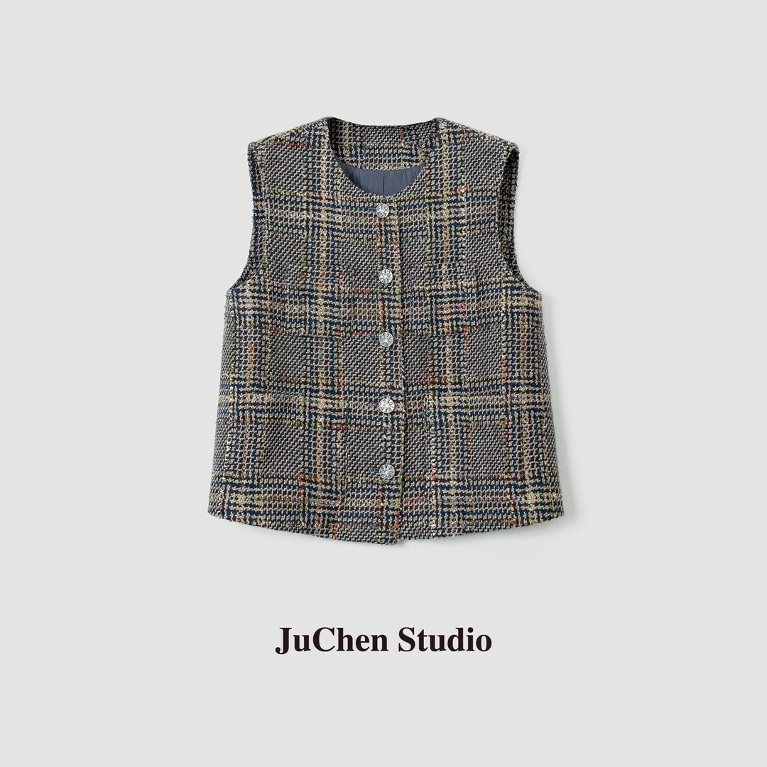 ”中古彩虹编织细格”粗花呢羊毛马甲坎肩FW091508