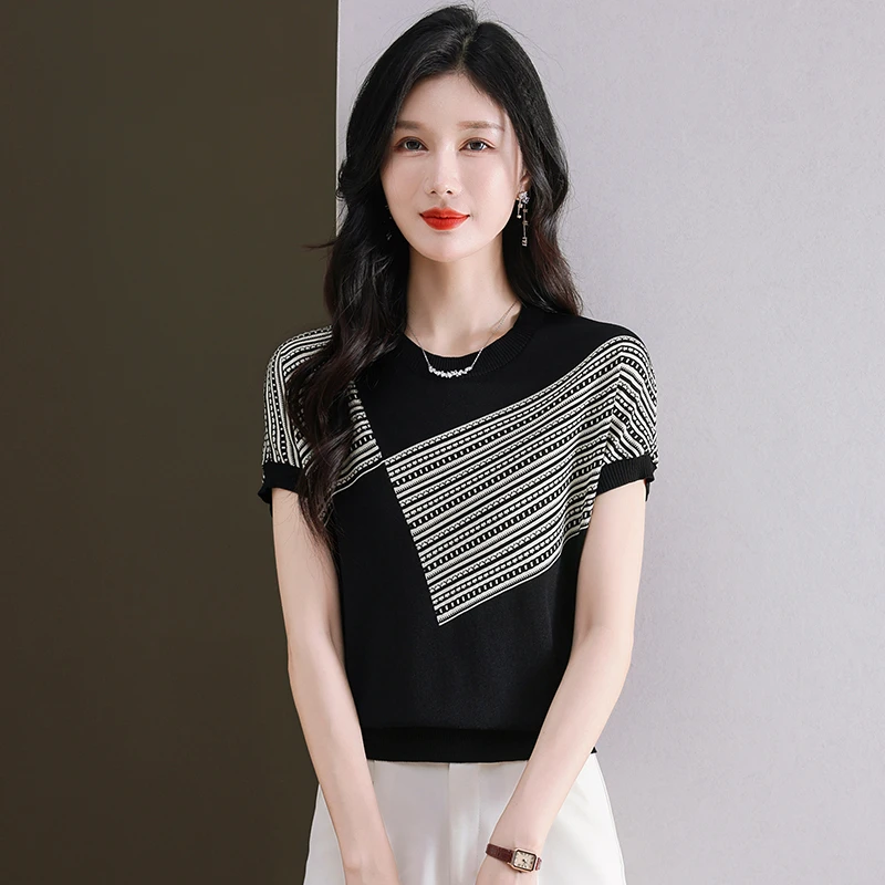 冰丝黑色短袖t恤女2025流行新款妈妈夏装条纹配裤子针织小衫上衣
