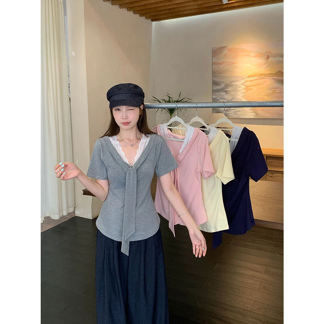 纯棉短袖正肩假两件V领蕾丝拼接t恤女夏季修身收腰小个子上衣ins