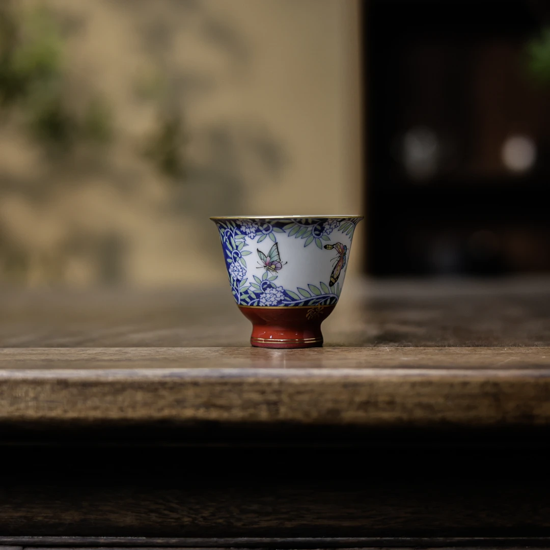 【悦生活】玫瑰红-华隐堂-卷草蝴蝶金钟杯（华隐S0960）