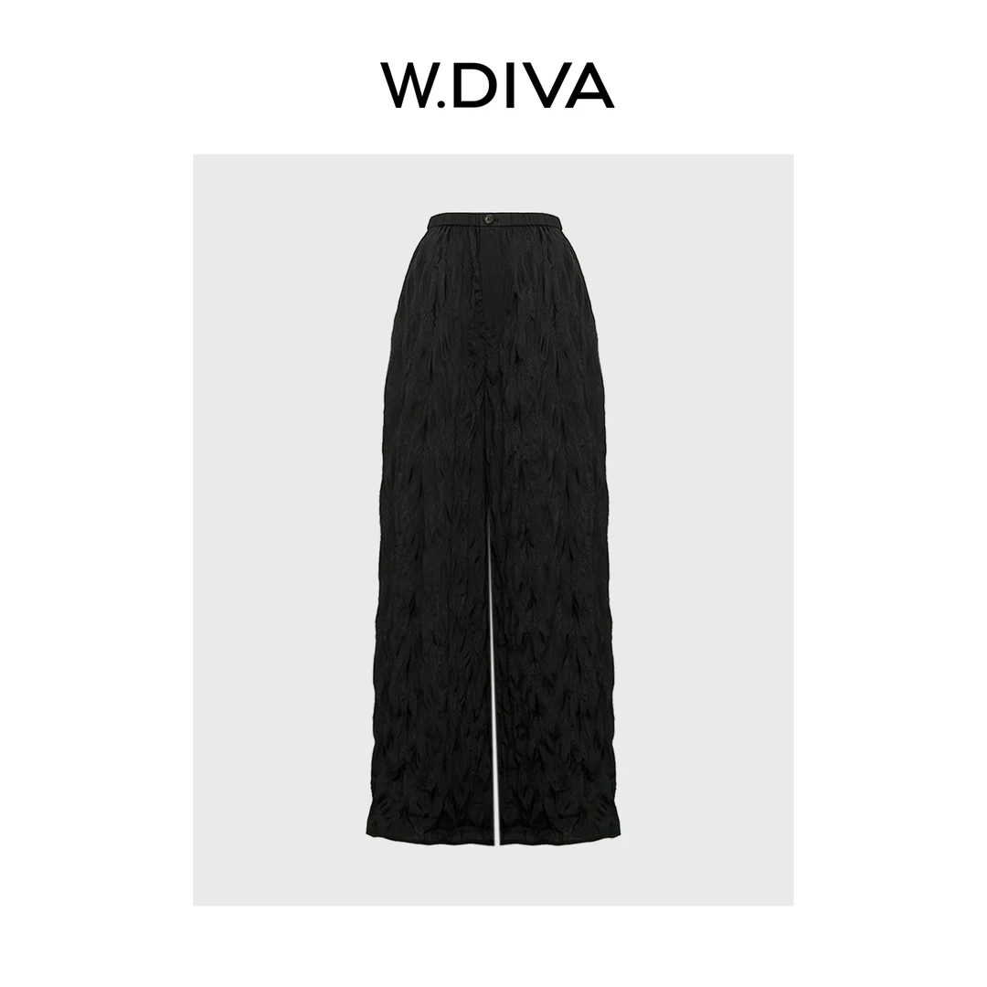 W.Diva【垂岚】黑色超薄透气压绉肌理阔腿出行显瘦休闲裤52K152330