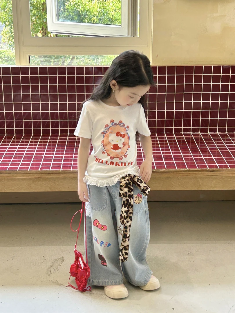 2025夏季新款女童花边短袖牛仔裤两件套儿童B5149T恤牛仔裤1234