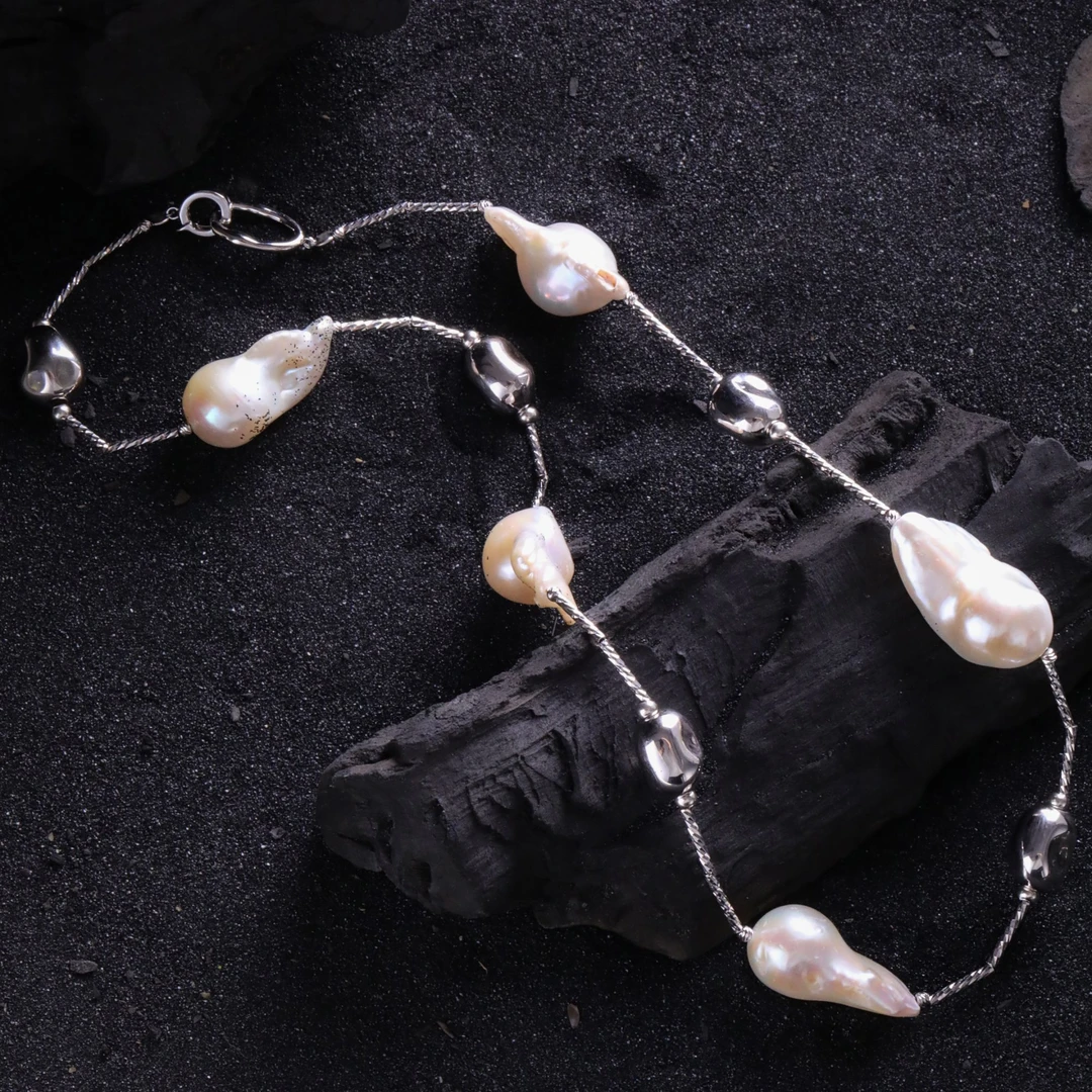 链子925银 N18468 巴洛克白珠肌理银珠管子项链