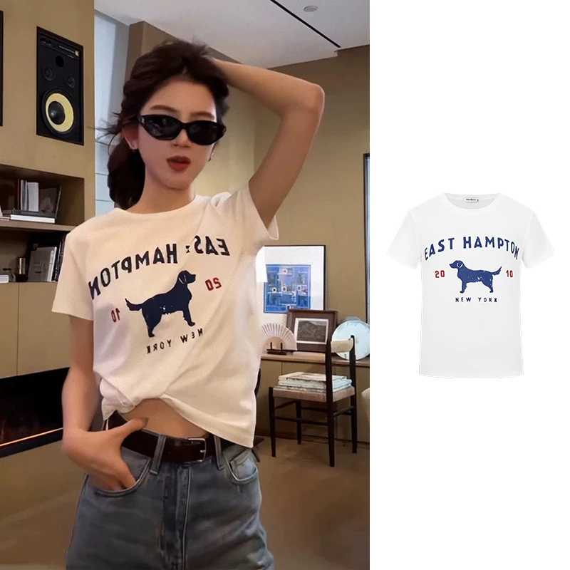 Moses Queen/魔西女王美式复古小狗印花正价短袖T恤宽松显瘦上衣